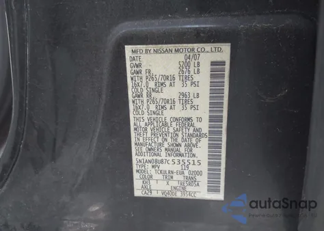 2007 Nissan Xterra S z USA, uszkodzony, nr VIN 5N1AN08U87C535515